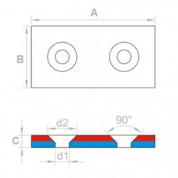 Imán de neodimio prismático con agujero para tornillo con cabeza avellanada 40 x 20 x 4 N 80 °C, VMM4-N35
