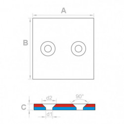 Imán de neodimio prismático con agujero para tornillo con cabeza avellanada 40 x 40 x 4 N 80 °C, VMM4-N35